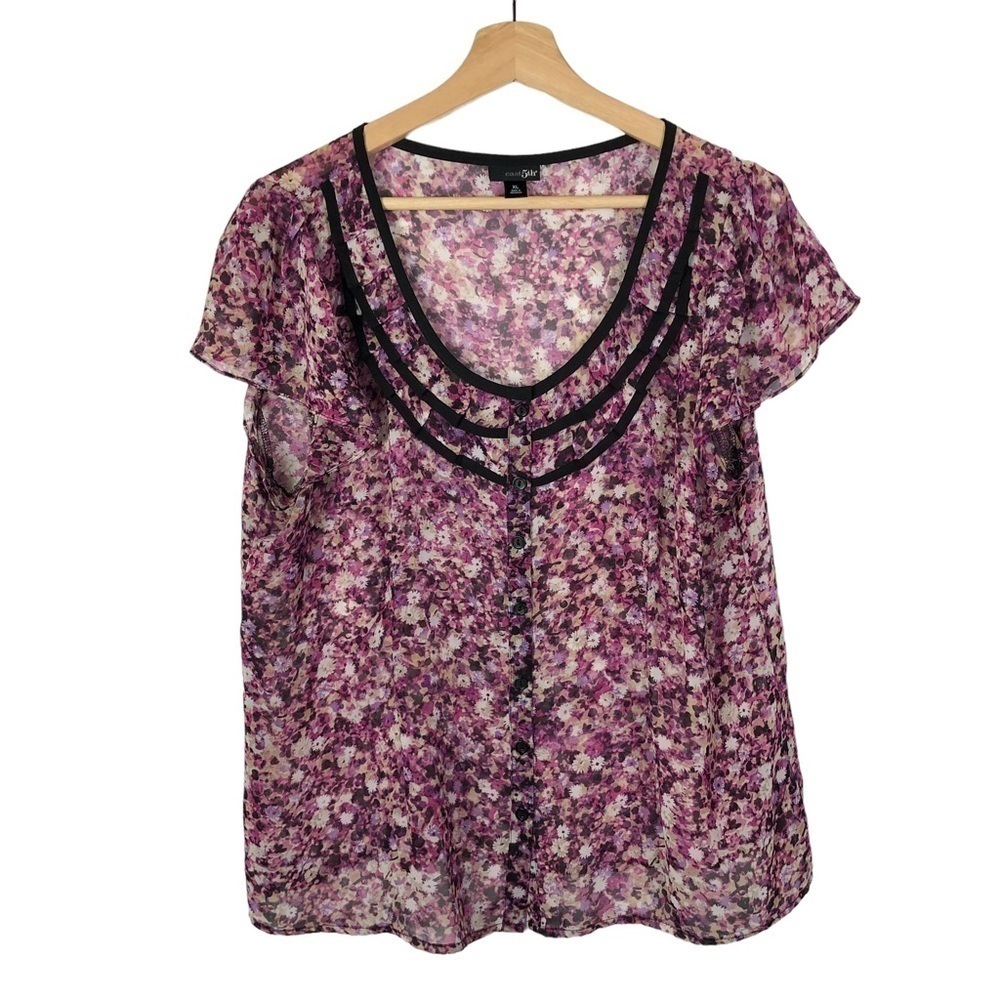 East‎ 5th Purple Floral Ruffle Short Sleeve Blouse XL